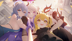 Rule 34 | 4girls, 999kun, ako (blue archive), ako (dress) (blue archive), backless dress, backless outfit, black dress, black horns, blonde hair, blue archive, blue dress, blue eyes, blue hair, blue halo, breasts, closed mouth, demon horns, dress, elbow gloves, gloves, grey hair, hair between eyes, halo, highres, hina (blue archive), hina (dress) (blue archive), horns, ibuki (blue archive), indoors, large breasts, long hair, looking at viewer, makoto (blue archive), multiple girls, official alternate costume, open mouth, purple dress, purple eyes, purple gloves, selfie, selfie stick, sideboob, smile, yellow eyes, yellow halo