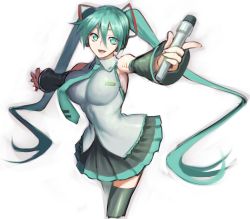 Rule 34 | 1girl, :d, aqua eyes, aqua hair, bare shoulders, black thighhighs, breasts, detached sleeves, eyebrows, foreshortening, hair between eyes, hatsune miku, jonylaser, large breasts, long hair, microphone, necktie, open mouth, pleated skirt, pointing, pointing at viewer, skirt, smile, solo, thighhighs, twintails, very long hair, vocaloid