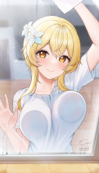Rule 34 | 1girl, against glass, arm up, artist name, blonde hair, blush, breast press, breasts, breasts on glass, closed mouth, collarbone, flower, fukuro daizi, genshin impact, hair flower, hair ornament, highres, large breasts, looking at viewer, lumine (genshin impact), shirt, short hair, short sleeves, signature, smile, solo, t-shirt, upper body, white shirt, yellow eyes