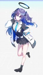 Rule 34 | 1girl, black footwear, black jacket, black skirt, black socks, blue archive, blue eyes, blue hair, collared shirt, commentary, full body, gradient hair, halo, highres, jacket, long hair, long sleeves, looking at viewer, multicolored hair, necktie, open clothes, open jacket, pleated skirt, purple hair, shirt, shoes, simple background, skirt, socks, solo, two side up, white shirt, yuuka (blue archive), yuura