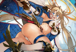 Rule 34 | 1girl, armor, ass, bikini, blonde hair, blue bikini, blue coat, blue eyes, blue gloves, blush, boots, bradamante (fate), bradamante (third ascension) (fate), braid, breasts, cleavage, coat, coat on shoulders, crossed bangs, crown braid, elbow gloves, fate/grand order, fate (series), faulds, gloves, hair between eyes, halo, highleg, highleg bikini, highres, knee boots, large breasts, long hair, looking at viewer, multicolored coat, nishiide kengorou, open mouth, scepter, smile, solo, swimsuit, thick thighs, thigh strap, thighs, twintails, two-tone bikini, two-tone coat, two-tone gloves, very long hair, white bikini, white coat, white footwear, white gloves