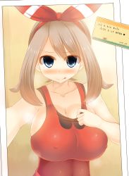 Rule 34 | 1girl, :p, absurdres, blue eyes, blush, breasts, brown hair, cleavage, covered erect nipples, creatures (company), facominn, game freak, highres, huge breasts, long hair, looking at viewer, may (pokemon), may (pokemon oras), nintendo, paizuri invitation, pokemon, reaching, reaching towards viewer, selfie, sideboob, tongue, tongue out, translated