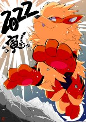 Rule 34 | 2022, 45 (maruyaki45), absurdres, animal focus, arcanine, bright pupils, brown eyes, closed mouth, commentary request, creatures (company), fangs, fangs out, from below, game freak, gen 1 pokemon, highres, nintendo, no humans, orange fur, outdoors, pokemon, pokemon (creature), rock, smile, solo, toes, white pupils