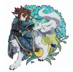 Rule 34 | 1boy, animal ear fluff, animal ears, belt, black gloves, blue background, blue capelet, blue eyes, blue flower, blue pupils, brown belt, brown hair, bud, capelet, centauroid, claws, coat, collared capelet, floral background, flower, full body, gloves, gradient background, grey fur, hair between eyes, hand on own hip, hand up, high collar, highres, horns, inumimi-syndrome, looking to the side, male focus, monster boy, multicolored background, open mouth, pixiv fantasia, pixiv fantasia last saga, ringed eyes, short eyebrows, short hair, signature, solo, tail, taur, walking, wolf boy, wolf ears, wolf tail, yellow background