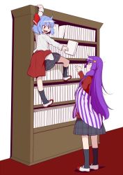 Rule 34 | 2girls, alternate costume, bespectacled, black legwear, blue hair, book, bookshelf, climbing, clothes around waist, commentary request, crescent, crescent hair ornament, eichi yuu, glasses, hair ornament, hair ribbon, holding, holding book, long hair, long sleeves, looking down, looking up, multiple girls, outstretched arm, patchouli knowledge, plaid, plaid skirt, purple hair, red ribbon, remilia scarlet, ribbon, shoes, short hair, skirt, socks, standing, striped, touhou, uwabaki, white footwear