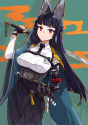 Rule 34 | 1girl, absurdres, animal ear fluff, animal ears, black gloves, black hair, black necktie, blunt bangs, breasts, cape, character request, closed mouth, commentary, english commentary, fingerless gloves, gloves, highres, holding, holding sword, holding weapon, hoshimi miyabi, id card, long hair, looking at viewer, necktie, red eyes, shirt, simple background, solo, sword, tassel, very long hair, watermark, weapon, white shirt, yun-yang, zenless zone zero, zzz