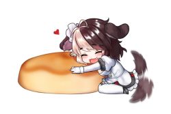 Rule 34 | 1girl, :3, ahoge, animal ears, bad id, bad pixiv id, blonde hair, blush, brown hair, chibi, closed eyes, dog ears, dog girl, dog tail, fang, food, full body, hachiko of castling, heart, kbn317, last origin, maid, maid headdress, multicolored hair, open mouth, oversized food, oversized object, pie, simple background, smile, solo, split-color hair, tail, tail wagging, thighhighs, two-tone hair, white background, white thighhighs