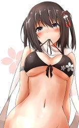 Rule 34 | 10s, 1girl, absurdres, arms behind back, bare shoulders, bikini, bikini top only, black eyes, blush, breasts, brown hair, grey eyes, hair between eyes, hair ornament, highres, kantai collection, looking at viewer, medium breasts, mouth hold, navel, no panties, out-of-frame censoring, saku (kudrove), scarf, sendai (kancolle), sendai kai ni (kancolle), solo, swimsuit, two side up, underboob, white scarf