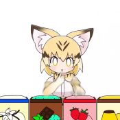 Rule 34 | 1girl, animal ear fluff, animal ears, animated, blonde hair, bow, bowtie, brown hair, cat ears, chocolate mint, commentary, eating, elbow gloves, epilepsy warning, food, fruit, gloves, ice cream, kemono friends, looping animation, mint chocolate, multicolored hair, pudding, sand cat (kemono friends), solo, strawberry, taro (tontaro), tasting, two-tone hair, vanilla, video, white background, yellow eyes