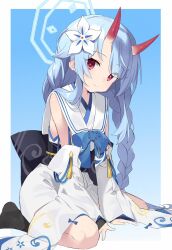 Rule 34 | 1girl, ayaha 4780828, black socks, blue archive, blue hair, blue ribbon, blue trim, braid, chise (blue archive), closed mouth, detached sleeves, flower, gradient background, hair flower, hair ornament, halo, head tilt, highres, horns, japanese clothes, kimono, light blue hair, looking at viewer, low twin braids, neck ribbon, obi, obijime, oni, oni horns, red eyes, ribbon, sailor collar, sash, sitting, smile, socks, solo, twin braids, wariza, white kimono, white sailor collar, wide sleeves