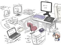 Rule 34 | 1girl, computer, computers, desk, drawing tablet, game console, kashmir, keyboard (computer), laptop, monitor, playstation 2, saturn (planet), translated, wacom