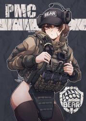 1girl absurdres ammunition_pouch artist_name assault_rifle baseball_cap black_thighhighs body_armor brown_eyes brown_hair brown_jacket bulletproof_vest camouflage closed_mouth ear_protection english_text epakim escape_from_tarkov facial_scar grey_background gun gun_sling hat headphones headset highres holding holstered jacket load_bearing_vest long_sleeves looking_at_viewer magazine_(weapon) military military_jacket military_operator military_uniform no_pants panties patch pouch radio rifle scar scar_on_cheek scar_on_face short_hair side-tie_panties simple_background skindentation solo striped_clothes striped_panties tactical_clothes thighhighs twitter_username underwear walkie-talkie watch weapon wristwatch