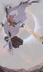 Rule 34 | 1boy, absurdres, angel, angel wings, artist name, awanqi, feathered wings, floating, from behind, highres, long hair, lucifer (mythology), male focus, multiple wings, original, sky, solo, star (sky), starry sky, topless male, watermark, web address, white hair, white wings, wings