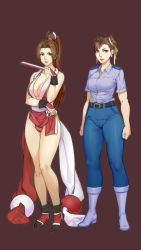Rule 34 | 2girls, arm guards, bare shoulders, belt, black belt, black footwear, blue footwear, blue pants, blue shirt, breasts, brown eyes, brown hair, capcom, chun-li, chunlieater, cleavage, clenched hands, collared shirt, commentary request, crossover, double bun, earrings, fatal fury, female focus, folded fan, folding fan, full body, hair bun, hair ribbon, hair tie, hand fan, high heels, high ponytail, highres, holding, holding fan, jewelry, large breasts, long hair, matching hair/eyes, multiple girls, ninja, pants, pelvic curtain, police, police uniform, policewoman, ponytail, revealing clothes, ribbon, rope, shiranui mai, shirt, single hair bun, standing, street fighter, the king of fighters, thighs, uniform
