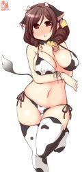 Rule 34 | 1girl, alternate costume, animal ears, animal print, artist logo, bikini, blush, breasts, brown hair, commentary request, covered erect nipples, cow ears, cow horns, cow print, cow tail, cowboy shot, dated, drill hair, ear tag, fake animal ears, fake horns, front-tie top, harukaze (kancolle), highres, horns, kanon (kurogane knights), kantai collection, large breasts, long hair, looking at viewer, nose blush, one-hour drawing challenge, red eyes, side-tie bikini bottom, simple background, solo, standing, standing on one leg, swimsuit, tail, thigh gap, thighhighs, twin drills, white background, white bikini, white thighhighs