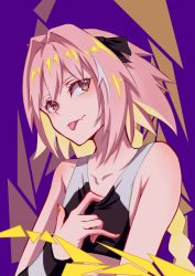 Rule 34 | 1boy, absurdres, astolfo (fate), bare shoulders, black bow, blush, bow, braid, closed mouth, collarbone, crop top, detached sleeves, fang, fate/apocrypha, fate (series), hair bow, hair intakes, heart, heart-shaped pupils, hej (pixiv13035031), highres, long braid, long hair, looking at viewer, male focus, multicolored hair, nail polish, pink hair, purple eyes, single braid, skin fang, smile, solo, streaked hair, symbol-shaped pupils, tank top, tongue, tongue out, trap, white hair, yellow nails