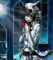 Rule 34 | 00s, 1boy, arrancar, black hair, bleach, bug, butterfly, colored skin, expressionless, facial mark, flower, green eyes, insect, male focus, number tattoo, petals, sheath, sheathed, skull, solo, sword, tattoo, ulquiorra cifer, weapon, white skin, window