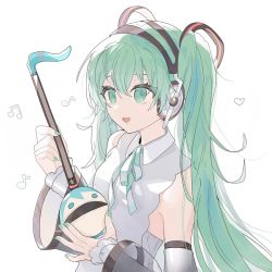Rule 34 | 1girl, aqua eyes, aqua hair, aqua nails, aqua ribbon, bare shoulders, beamed eighth notes, black sleeves, blouse, commentary, detached sleeves, eighth note, hair ornament, hatsune miku, hatsune miku (nt), headphones, heart, holding, holding instrument, instrument, layered sleeves, linch, long hair, musical note, nail polish, neck ribbon, open mouth, otamatone, piapro, ribbon, see-through, see-through sleeves, shirt, sleeveless, sleeveless shirt, smile, solo, twintails, upper body, very long hair, vocaloid, white background, white shirt, white sleeves