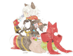Rule 34 | 1boy, 1girl, alternate color, animal ears, arch bishop (ragnarok online), bow, brown capelet, brown coat, cake, candy, capelet, cat ears, coat, commentary request, cookie, cross, dated, demon, deviruchi, dress, feeding, fingerless gloves, food, full body, glasses, gloves, gold trim, green dress, holding, holding food, large bow, lollipop, mask, masked, official alternate costume, pants, pince-nez, poring, ragnarok online, red bow, red gloves, red scarf, sack, scarf, short hair, signature, simple background, sitting, summoner (ragnarok online), swirl lollipop, tokio (okt0w0), white background, white hair, white pants