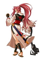 Rule 34 | 1girl, absurdres, arc system works, armor, baiken, chain, facial tattoo, female focus, forehead, from behind, full body, guilty gear, guilty gear x, guilty gear xx, guilty gear xx accent core, hair intakes, highres, japanese armor, japanese clothes, kataginu, katana, kimono, kneepits, kote, legs, long hair, long sleeves, looking back, ninnin (shishitou), non-web source, official art, one-eyed, open mouth, pink hair, ponytail, red hair, sandals, scabbard, scar, scar across eye, scar on face, sheath, simple background, solo, standing, suneate, sword, tattoo, torn clothes, torn sleeves, very long hair, weapon, white background, wide sleeves, zouri