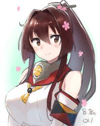 Rule 34 | 1girl, bare shoulders, brown eyes, brown hair, closed mouth, dated, flower, hair between eyes, hair flower, hair ornament, highres, kantai collection, long hair, looking at viewer, ma rukan, pink flower, ponytail, signature, smile, solo, upper body, yamato (kancolle), z flag