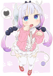 Rule 34 | 1girl, beads, blue eyes, blush, border, bow, bow hairband, commentary, dated, dragon horns, dress, english text, gradient hair, hair beads, hair bow, hair ornament, hairband, highres, horns, kanna kamui, kobayashi-san chi no maidragon, long hair, looking at viewer, multicolored hair, open mouth, outline, paw pose, paw print, paw print background, pink dress, pink footwear, purple background, purple hair, samansa ex, solo, speech bubble, standing, symbol-only commentary, tail, thighhighs, tongue, white border, white outline, white thighhighs