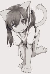 Rule 34 | 1girl, 3yo4yo5yo, all fours, animal ears, cat ears, cat girl, cat tail, child, eyes visible through hair, fang, fangs, female focus, furry, furry female, greyscale, hair bobbles, hair ornament, highres, looking at viewer, monochrome, open mouth, original, shirt, short shorts, shorts, solo, tail, twintails