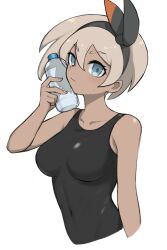 Rule 34 | 1girl, bare arms, bea (pokemon), black bodysuit, black hairband, blonde hair, blue eyes, bodysuit, bottle, bottle to cheek, bow hairband, breasts, closed mouth, collarbone, commentary request, covered navel, creatures (company), eyelashes, game freak, hair between eyes, hairband, hand up, highres, holding, holding bottle, medium breasts, nintendo, pokemon, pokemon swsh, short hair, simple background, solo, sweatdrop, tsuneshima, upper body, water bottle, white background