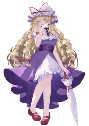 1girl alternate_costume blonde_hair blush closed_eyes closed_umbrella commentary_request dress drill_hair folded_fan folding_fan hair_ribbon hand_fan hat hat_ribbon highres holding holding_fan holding_umbrella long_hair mob_cap open_mouth purple_dress rakugakiman2222 red_footwear red_nails red_ribbon ribbon smile solo touhou umbrella variant_set very_long_hair yakumo_yukari