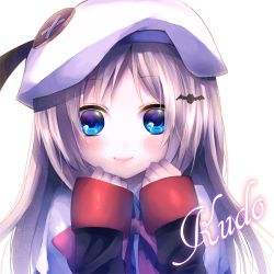Rule 34 | 1girl, bad id, bad pixiv id, blue eyes, blush, bow, hair ornament, hat, little busters!, long hair, looking at viewer, noumi kudryavka, pink bow, ragi (pluie), silver hair, smile, solo, upper body, white background