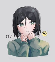 Rule 34 | !?, 1boy, black hair, clenched hands, closed mouth, cropped shoulders, emoji, fate/zero, fate (series), grey background, grey sweater, hair between eyes, highres, long sleeves, looking at viewer, male focus, shirt, short hair, simple background, solo, sweater, tearing up, tears, tokoni fusu, waver velvet, white shirt