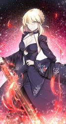 Rule 34 | &gt;:(, 1girl, artoria pendragon (all), artoria pendragon (fate), aura, black dress, blonde hair, braid, breasts, brown eyes, cleavage, closed mouth, collarbone, dark aura, dress, excalibur morgan (fate), fate/stay night, fate (series), hair between eyes, holding, holding sword, holding weapon, long sleeves, looking at viewer, medium breasts, pale skin, saber alter, sasakuma kyouta, sidelocks, signature, solo, sword, v-shaped eyebrows, weapon, wide sleeves