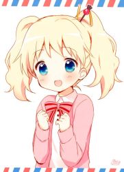 Rule 34 | 10s, 1girl, :d, airmail envelope, alice cartelet, artist name, bad id, bad twitter id, blonde hair, blue eyes, blush, bow, cardigan, hair ornament, jpeg artifacts, kin-iro mosaic, open cardigan, open clothes, open mouth, school uniform, short hair, signature, smile, solo, twintails, usashiro mani
