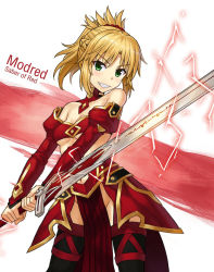 Rule 34 | 1girl, :d, blonde hair, braid, breasts, character name, clarent (fate), collarbone, commentary request, detached collar, detached sleeves, fate/apocrypha, fate (series), french braid, green eyes, grin, groin, holding, holding sword, holding weapon, looking at viewer, mordred (fate), mordred (fate/apocrypha), navel, npcpepper, open mouth, ponytail, simple background, small breasts, smile, solo, sword, thighhighs, weapon