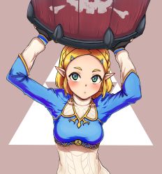 Rule 34 | 1girl, :&lt;, arms up, barrel, black gloves, blonde hair, blush, breasts, carrying overhead, closed mouth, explosive, fingerless gloves, forehead, gloves, hair ornament, hairclip, highres, long sleeves, looking at viewer, medium breasts, nintendo, pointy ears, princess zelda, purple background, radioneet, short hair, solo, the legend of zelda, the legend of zelda: breath of the wild, the legend of zelda: tears of the kingdom, triforce, two-tone background, upper body