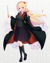 Rule 34 | 1girl, :d, akai haato, black socks, blonde hair, blue eyes, breasts, cardigan, coat, cosplay, fang, floral background, gryffindor, hair ornament, harry potter (series), heart, heart hair ornament, highres, hogwarts school uniform, hololive, large breasts, long hair, long sleeves, necktie, open mouth, school uniform, shoes, skirt, smile, socks, solo, virtual youtuber, wand, wizarding world, yoshiheihe
