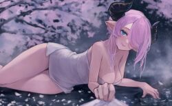 Rule 34 | 1girl, absurdres, bare shoulders, blue eyes, breasts, cherry blossoms, cleavage, elbow rest, granblue fantasy, hair over one eye, highres, horns, inoryyy000, large breasts, looking at viewer, lying, naked towel, narmaya (granblue fantasy), on side, pink hair, smile, solo, towel