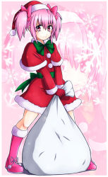 Rule 34 | 10s, 1girl, boots, bow, capelet, christmas, flat chest, full body, fur-trimmed boots, fur trim, gloves, hair bow, hat, kaname madoka, knee boots, lindaroze, mahou shoujo madoka magica, mahou shoujo madoka magica (anime), pink eyes, pink footwear, pink hair, red gloves, santa boots, santa costume, santa hat, short twintails, smile, solo, standing, twintails, v arms