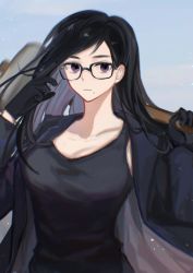 Rule 34 | 1girl, absurdres, black-framed eyewear, black gloves, black hair, black jacket, black tank top, chinese commentary, closed mouth, collarbone, commentary request, glasses, gloves, hammer, hand up, highres, holding, holding weapon, jacket, jin22989, long hair, long sleeves, looking at viewer, minakata hizuru, mole, mole under mouth, open clothes, open jacket, purple eyes, sledgehammer, solo, summertime render, tank top, upper body, weapon