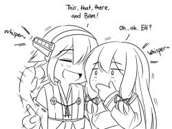 Rule 34 | 2girls, :d, closed eyes, covering own mouth, english text, greyscale, guin guin, hair ribbon, hiei (kancolle), isokaze (kancolle), kantai collection, long hair, monochrome, multiple girls, open mouth, ribbon, short hair, smile, tress ribbon