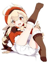 1girl ahoge backpack bag blonde_hair bloomers blush boots brown_footwear brown_gloves cabbie_hat dress feathers genshin_impact gloves hat hat_feather klee_(genshin_impact) long_hair open_mouth pointy_ears red_dress red_eyes red_hat simple_background sitting solo tottotonero underwear white_background white_bloomers