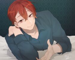 Rule 34 | 1boy, aho no sakata, beckoning, blue shirt, closed mouth, collared shirt, earrings, hair behind ear, hair between eyes, hassan (sink916), indoors, jewelry, long sleeves, looking at viewer, lying, male focus, official art, on bed, on stomach, open collar, red eyes, red hair, shirt, short hair, single earring, smile, solo, upper body, urashimasakatasen, utaite, wallpaper (object)