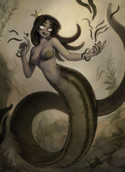 Rule 34 | 1girl, :d, absurdres, black nails, breasts, brown theme, colored sclera, colored skin, commentary, crown, english commentary, full body, grey sclera, grey skin, highres, kneeless mermaid, leech, leech girl, leech queen (matilda fiship), lily pad, matilda fiship, medium breasts, mermaid, mini crown, monster girl, monsterification, nail polish, navel, open mouth, original, pasties, seaweed, sharp teeth, smile, solo, teeth, tentacle hair, underwater, white eyes