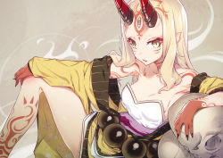 Rule 34 | 1girl, bare shoulders, blonde hair, breasts, cleavage, fang, fang out, fate/grand order, fate (series), horns, ibaraki douji (fate), long hair, looking at viewer, nilitsu, oni, parted lips, pointy ears, sitting, small breasts, solo, tattoo, yellow eyes