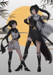 Rule 34 | 2girls, asymmetrical legwear, belt, black belt, black dress, black eyes, black hair, black legwear, boots, branch, closed mouth, dress, eye contact, floating hair, height difference, high heel boots, high heels, highres, holding, holding sword, holding weapon, jiliang jiying yumao, long hair, looking at another, multiple girls, original, ponytail, sheath, single sock, single thighhigh, smile, socks, sword, thighhighs, uneven legwear, unsheathing, weapon