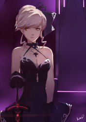 Rule 34 | 1girl, alternate hairstyle, artoria pendragon (all), artoria pendragon (fate), bare shoulders, black dress, black gloves, blonde hair, bow, braid, breasts, cleavage, dress, excalibur morgan (fate), fate/stay night, fate (series), french braid, gloves, hair bow, hand on hilt, kwi (kawaiin), lips, looking to the side, neck ribbon, planted, planted sword, planted weapon, ribbon, saber (fate), saber alter, solo, swept bangs, sword, weapon, yellow eyes