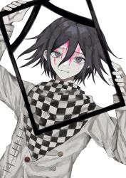 Rule 34 | 1boy, black hair, blood, blood on face, buttons, checkered clothes, checkered scarf, danganronpa (series), danganronpa v3: killing harmony, double-breasted, grey background, grey jacket, hair between eyes, highres, holding, holding frame, iei, jacket, long sleeves, male focus, oma kokichi, pink blood, scarf, simple background, solo, upper body, wa noko