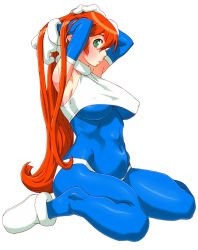 Rule 34 | 1girl, arms up, blue bodysuit, blush, bodysuit, breasts, covered navel, covered erect nipples, full body, galaxy fight, gloves, green eyes, hand on own head, huge breasts, long hair, looking at viewer, pointy ears, profile, red hair, roomi, simple background, sitting, skin tight, solo, spandex, very long hair, wariza, white background
