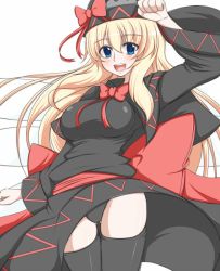 Rule 34 | 1girl, black panties, black thighhighs, blonde hair, blue eyes, blush, bow, breasts, dress, fairy, female focus, hat, large breasts, lily black, lily white, long hair, open mouth, panties, pantyshot, solo, thighhighs, touhou, underwear, upskirt, white background, wings, zefyu