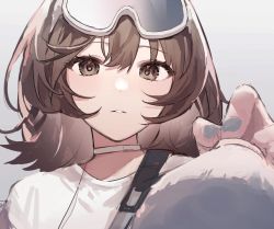 Rule 34 | 1girl, arknights, arm up, bad id, bad twitter id, brown eyes, brown hair, choker, collared shirt, eyes visible through hair, goggles, goggles on head, gradient background, grey nails, hair between eyes, highres, long hair, looking at viewer, nail polish, parted lips, plucking, roberta (arknights), ryat, shirt, simple background, solo, upper body, white background, white shirt